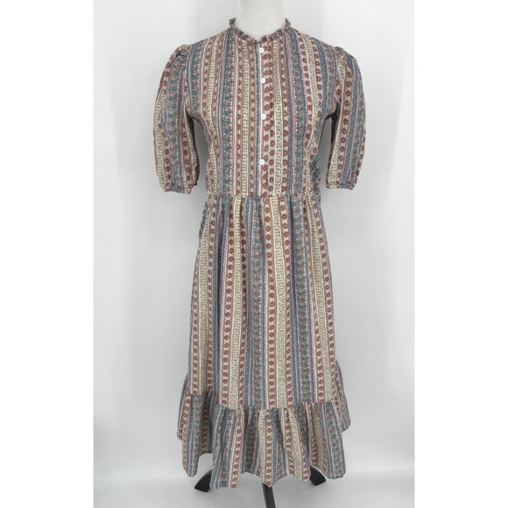 Beau & Ro Midi Dress XS Multicolor Boho Cottagecore Coastal Grandma Hand Printed